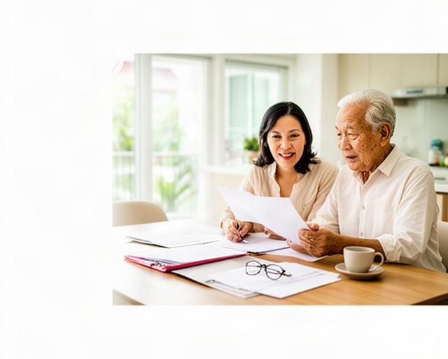 Adult daughter and elderly father reviewing family papers at a bright Singapore dining table
