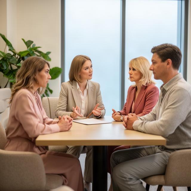 Supportive legal consultation between a family lawyer and couple in a calm Singapore office