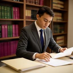 Singapore dispute resolution lawyer preparing case notes beside a library wall