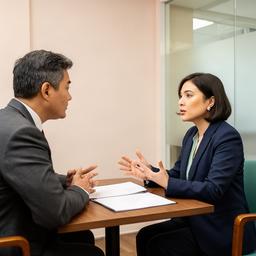 Singapore intellectual property and family lawyer speaking with a client in a private room